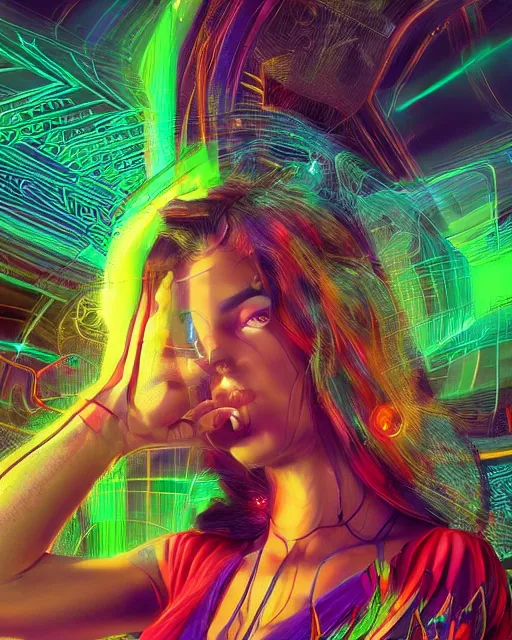 Image similar to a powerful energy psychedelic matrix latin woman, by alexander fedosav, hyper detailed digital matte painting, concept art, hyperrealism, 1 6 k resolution, cinema 4 d, 8 k resolution, trending on artstation, behance hd, a masterpiece, by stephan martiniere, particles, cel - shaded, power bright neon energy, by david a. hardy