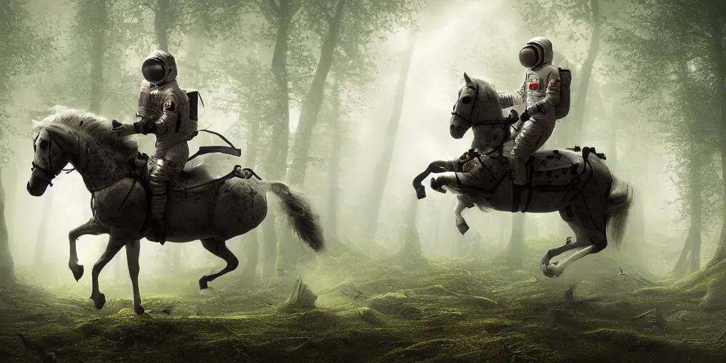 Image similar to a single astronaut riding on the back of a white horse through a forest, a detailed matte painting by frieke janssens, featured on cgsociety, fantasy art, matte painting, reimagined by industrial light and magic, matte drawing