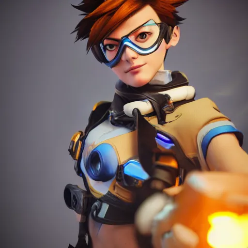 Image similar to tracer from overwatch as a real person, cinematic, volumetric lighting, f 8 aperture, cinematic eastman 5 3 8 4 film, photorealistic