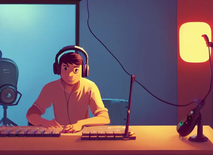 Image similar to man with headphones at his home studio producing music late at night, very detailed, 4 k, cory loftis, james gilleard, atey ghailan, makoto shinkai, goro fujita, studio ghibli, rim light, exquisite lighting, clear focus, very coherent