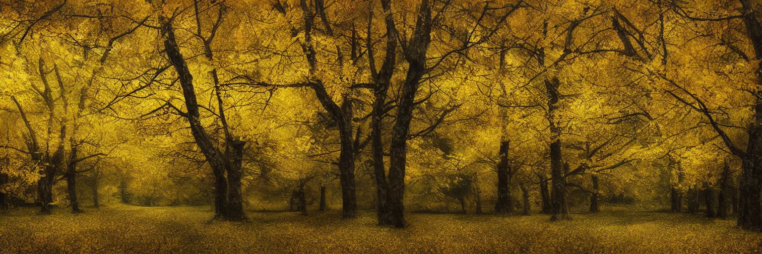 Image similar to michal karcz grunge painting of a beautiful landscape, yellow trees, detailed, elegant, intricate, 4k,