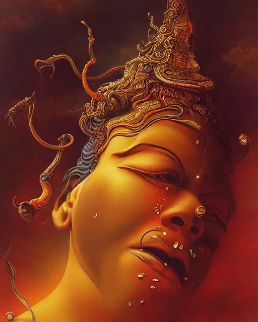 Prompt: One many-armed Shiva. Background in the colors of the rainbow. Drops of blood. High detail, hyperrealism, masterpiece, close-up, ceremonial portrait, solo, rich deep colors, realistic, art by Yoshitaka Amano, Ivan Aivazovsky, Giger