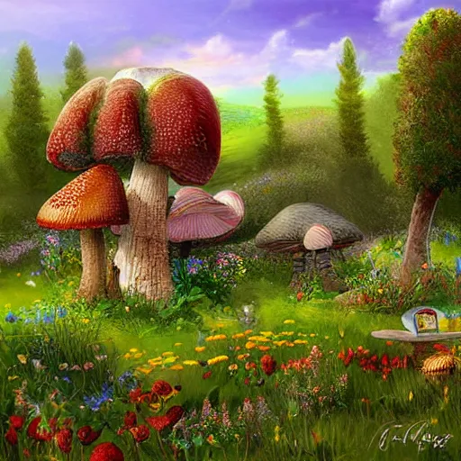 Prompt: Realistic digital art of mushroom cottage village on a colorful meadow, cottagecore vista concept art by Ed Binkley