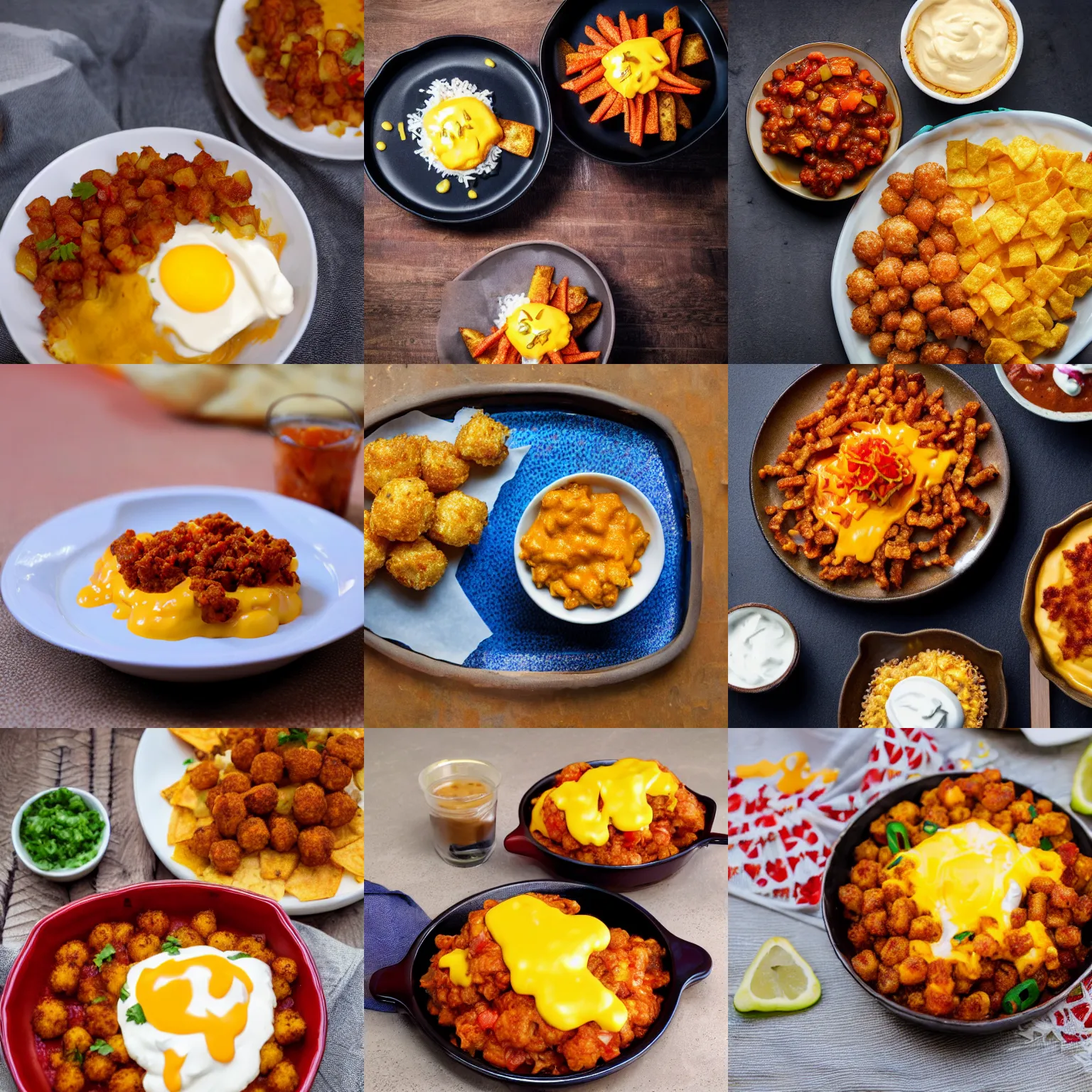Prompt: food photography tatertots covered chili and nacho-cheese. 8k