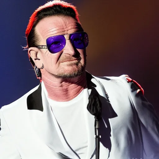 Prompt: bono is dressed in white and has a halo. god is angry