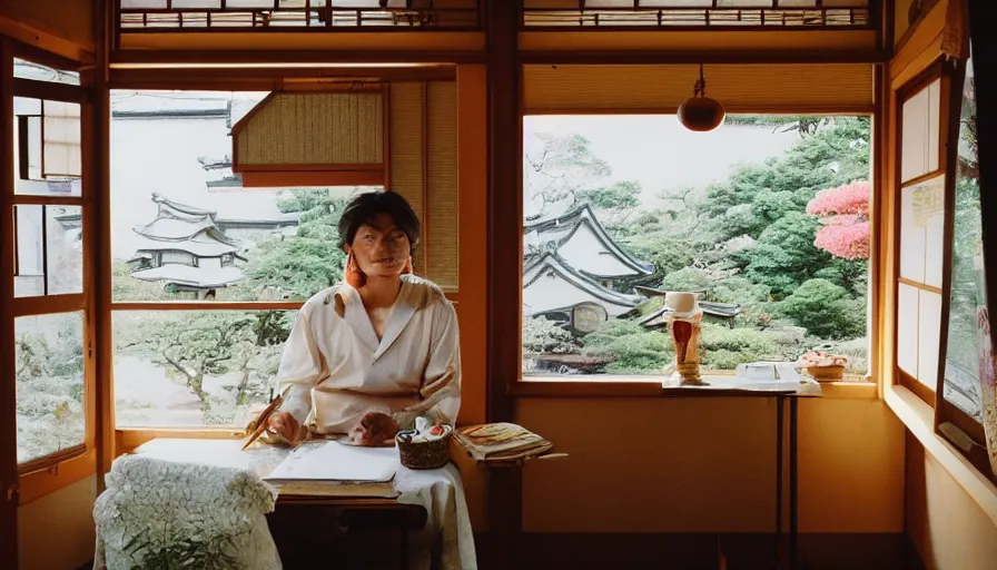 Image similar to 1 9 9 0 s candid 3 5 mm photo of a beautiful day in the a dreamy japanese flowery cottage designed by gucci, cinematic lighting, cinematic look, golden hour, a desk for flower arrangements and journaling has sun shinning on it through a window, temple in the distance, uhd