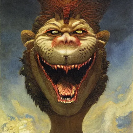 Prompt: demiurge head face eyes fangs serpent serpent python wearing a lion costume furry ears neck neck tall long viper j.m.w. turner greg rutkowski giorgio de chirico william merritt chase ralph steadman arsen savadov dan witz uta natsume