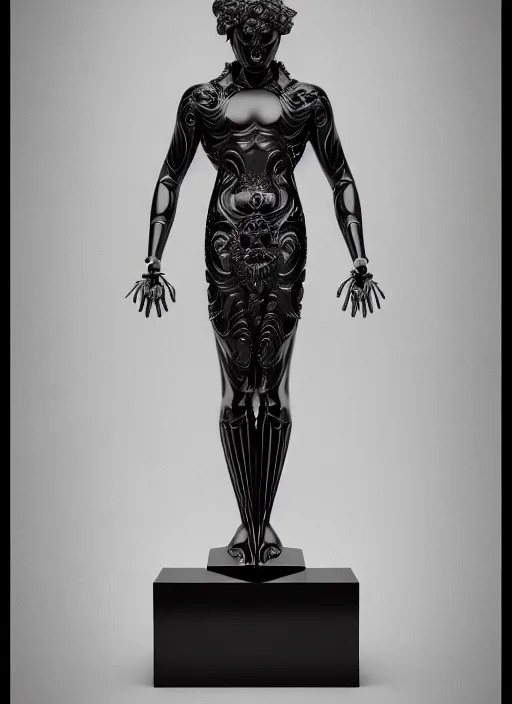 Image similar to stylized onyx black gold lines ornate statue full body made of marble of judas, perfect symmetrical body, perfect symmetrical face, hyper realistic, hyper detailed, by johannen voss, by michelangelo, octane render, blender, 8 k, displayed in bright studio room art deco