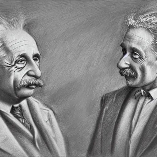 Image similar to Einstein and Newton speaks each other on a topic, pencil drawing, ultra detailed, octane render