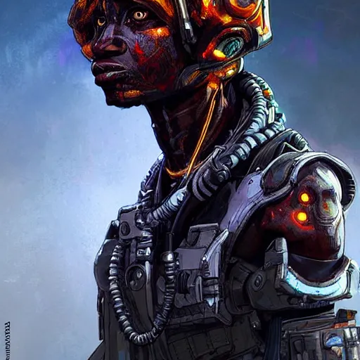 Image similar to a dark and ominous cyborg african child soldier with glowing eyes and facial scarification marks, Apex Legends character digital illustration portrait design, by android jones and greg rutkowski in a cyberpunk voodoo style, synthwave color scheme, detailed, cinematic lighting, wide angle action dynamic portrait