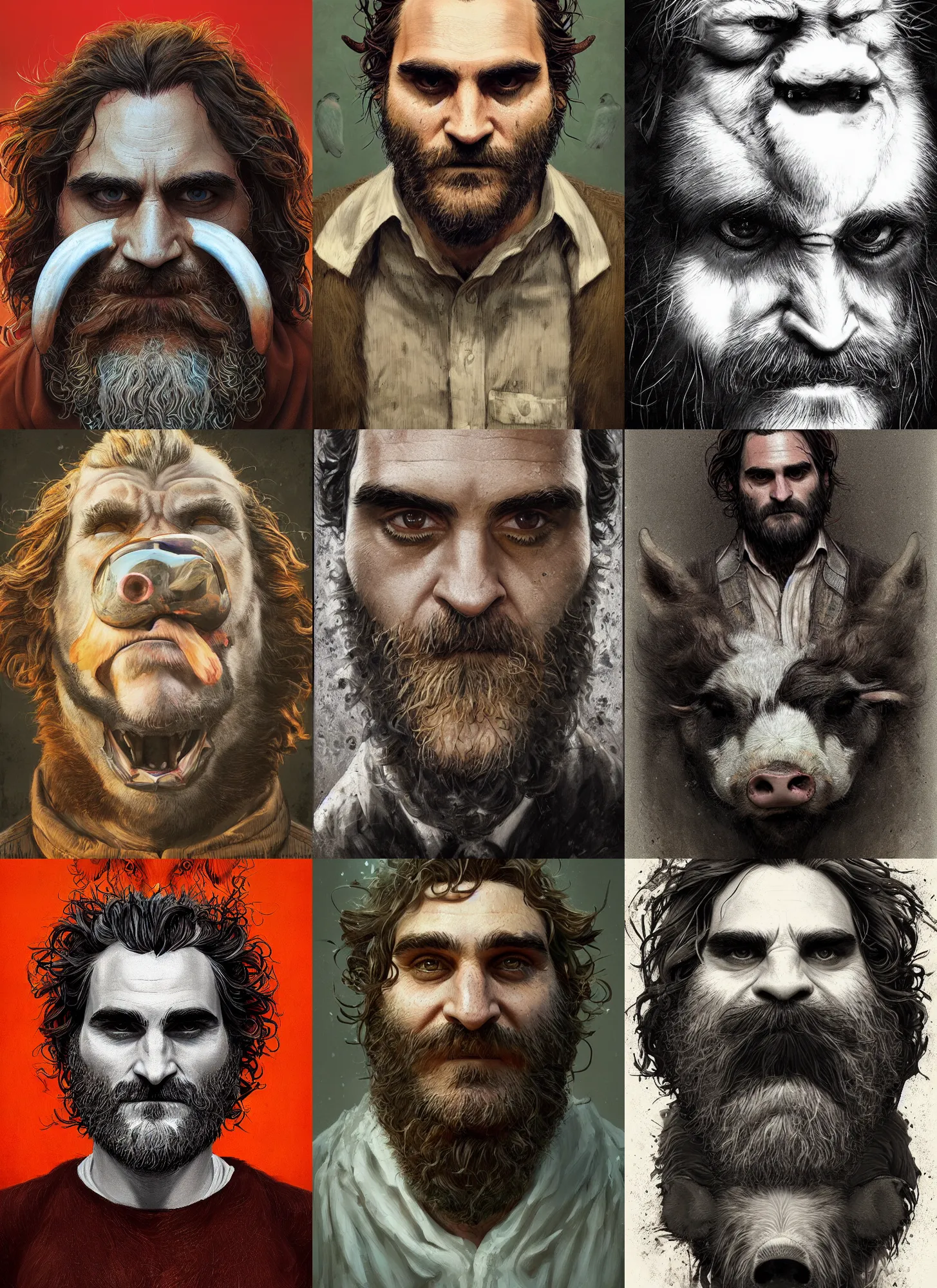 Image similar to a hyper detailed full face portrait of joaquin phoenix as the king of animals, cow, pig, sheep, chicken, horror, by anna podedworna, by miklos ligeti, by diego maricato, on artstation