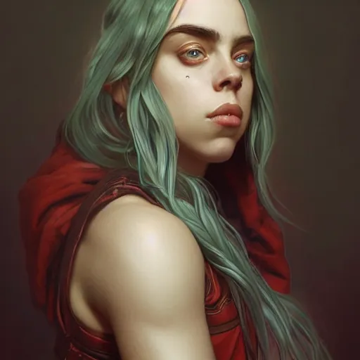 Prompt: portrait of billie eilish, muscular, upper body,big chest, D&D, fantasy, intricate, elegant, highly detailed, digital painting, artstation, concept art, matte, sharp focus, illustration, art by Artgerm and Greg Rutkowski and Alphonse Mucha