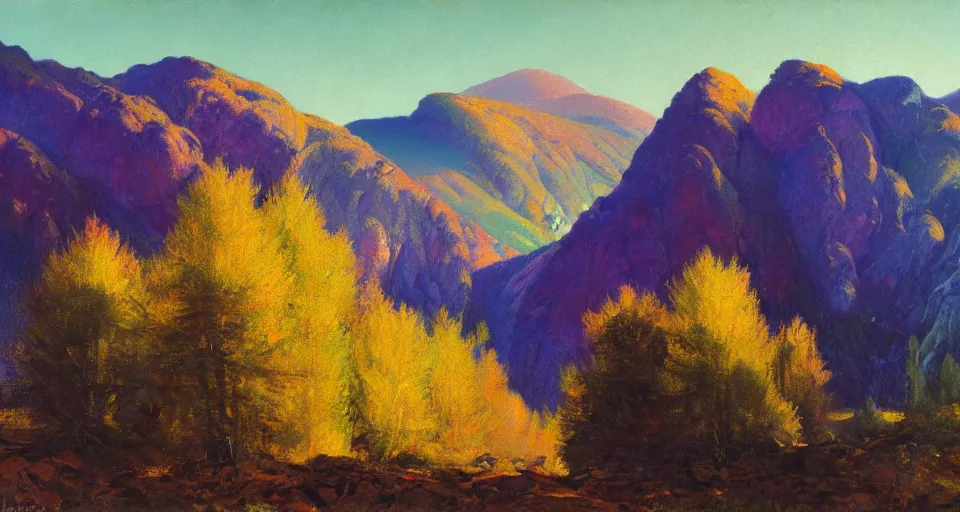 Image similar to Realist colorful impasto painting of the Salmon River mountains by John Harris, 4k scan, oil on canvas,