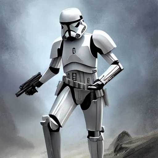 Image similar to a long shot of an imperial stormtrooper in battle position ready to shoot his blaster concept art by Doug Chiang cinematic, realistic painting, high definition, very detailed, extremely high detail, photo realistic, concept art, the Mandalorian concept art style