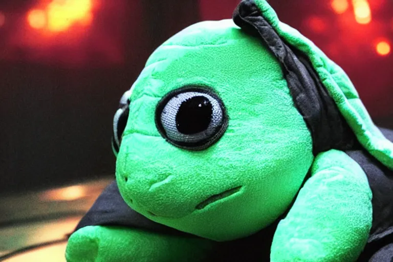 Image similar to turtle plushie in cyberspace, in 2 0 5 5, y 2 k cybercore, industrial low - light photography, still from a ridley scott movie