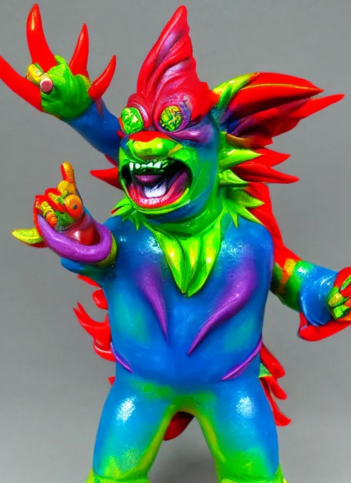 Image similar to kaiju sofubi, rainbow colored, spray painted