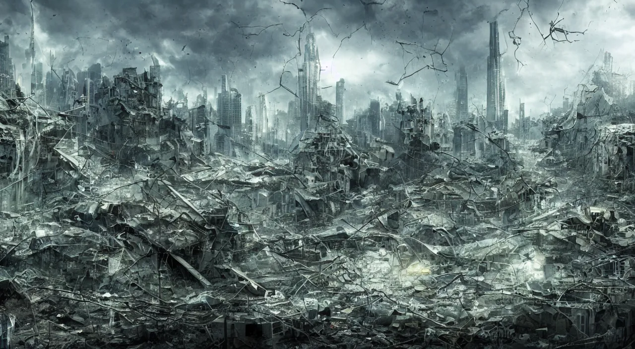 Prompt: damaged city, high - tech, concept art, forest, tornado, war, broken glass, high resolution, evil
