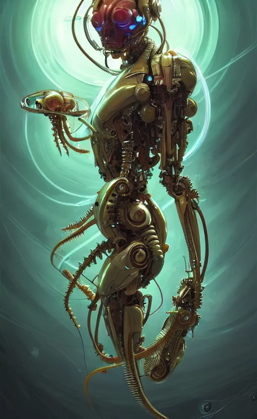 Image similar to Cyborg biomechanical jellyfish mantis, sci-fi, highly detailed, digital painting, artstation, concept art, smooth, sharp focus, illustration, art by artgerm and greg rutkowski and alphonse mucha