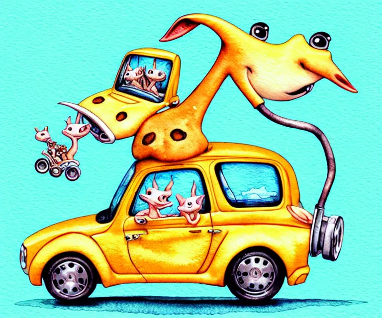 Image similar to cute and funny, baby giraffe riding in a tiny hot rod with oversized engine, ratfink style by ed roth, centered award winning watercolor pen illustration, isometric illustration by chihiro iwasaki, edited by range murata, tiny details by artgerm and watercolor girl, symmetrically isometrically centered