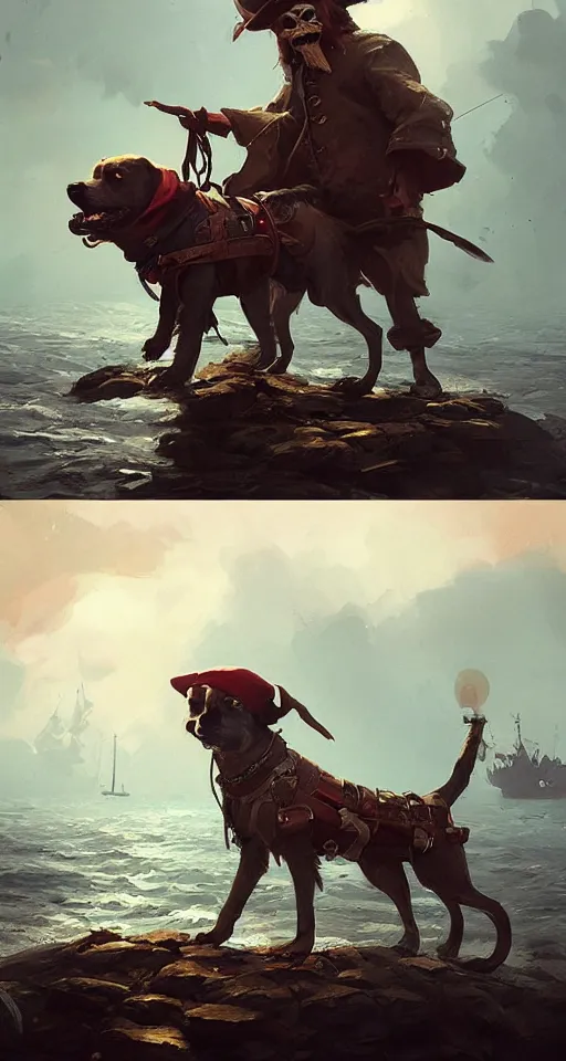 Prompt: a dog dressed as a pirate art by Greg Rutkowski, Simon Stalenhag, trending on Artstation, CGSociety