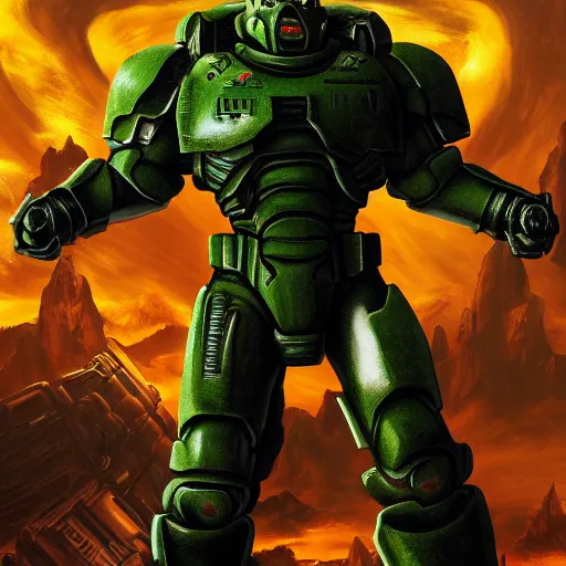 Prompt: doomguy standing on top of all the demons he has killed throughout the years, posing for the camera, very detailed piece of art,