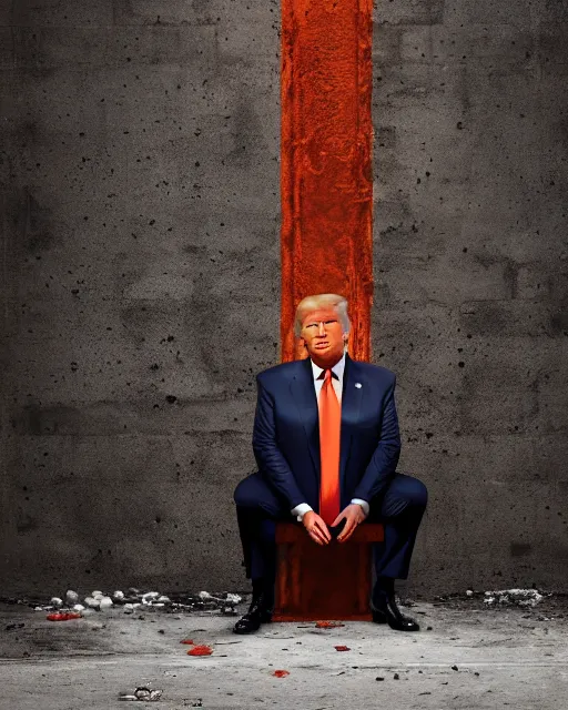 Image similar to a head and shoulders portrait of Donald trump behind bars, wearing a orange jumpsuit, sitting on a toilet holding a bible in a filthy rat infested concrete jail In a maximum security prison, dimly lit, volumetric lighting, arney freytag, craig mullins and Annie Leibowitz, octane, 8k,