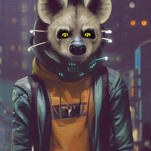 Prompt: new york city portrait of furry anthro anthropomorphic spotted hyena head animal person fursona wearing clothes strange cybernetic muzzle gloomy rainy screenshot from the video game cyberpunk 2077 digital art by Greg Rutkowski, Simon Stalenhag, christopher nolan trending on Artstation, CGSociety