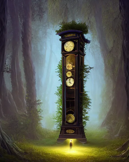 Image similar to highly detailed surreal vfx portrait of a cursed grandfather clock in a shadowy forest by a willow tree, stephen bliss, unreal engine, greg rutkowski, loish, rhads, beeple, makoto shinkai and lois van baarle, ilya kuvshinov, rossdraws, tom bagshaw, alphonse mucha, global illumination, detailed and intricate environment