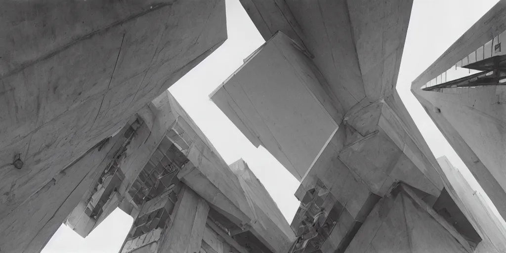 Image similar to a floating upside down brutalism architecture, ilford hp 3, photo from 1 9 5 0