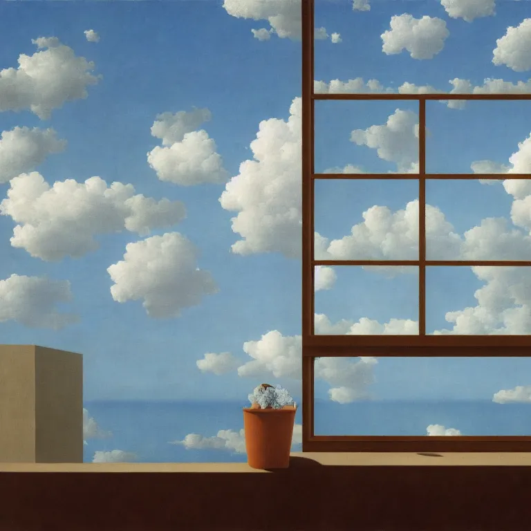 Prompt: window floating in the sky, by rene magritte, centered, detailed painting, hd, hq, high resolution, high detail, 4 k, 8 k