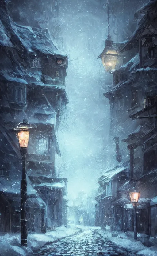 Image similar to a blurry ambient lantern in the distance of a snowy village at night, dynamic lighting, ambient lighting, atmospherical, photorealistic fantasy concept art, trending on art station, stunning visuals, creative, cinematic, ultra detailed