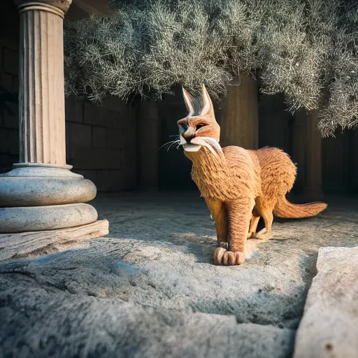 Image similar to a cinematic film still of a claymation stop motion film starring cute caracal, big wooden barrel, ancient greek city, marble temple columns, olive trees, shallow depth of field, 8 0 mm, f 1. 8