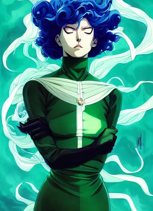 Image similar to style artgerm, joshua middleton, tatsumaki one punch man with green dress, very long blue hair, swirling water swirling, symmetrical face, symmetrical eyes, steampunk cyberpunk,, cinematic lighting