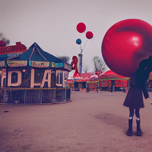 Image similar to a girl holding a balloon at a fairground. buildings with graffiti. silhouette. photograph in the style of simon stalenhag