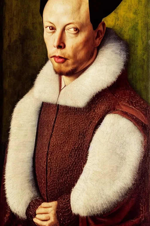 Image similar to renaissance 1 6 0 0 portrait of elon musk, oil painting by jan van eyck, northern renaissance art, oil on canvas, wet - on - wet technique, realistic, expressive emotions, intricate textures, illusionistic detail