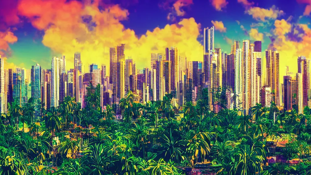 Image similar to golden city in a vaporwave jungle, 4k, ultra realistic, award winning photograph