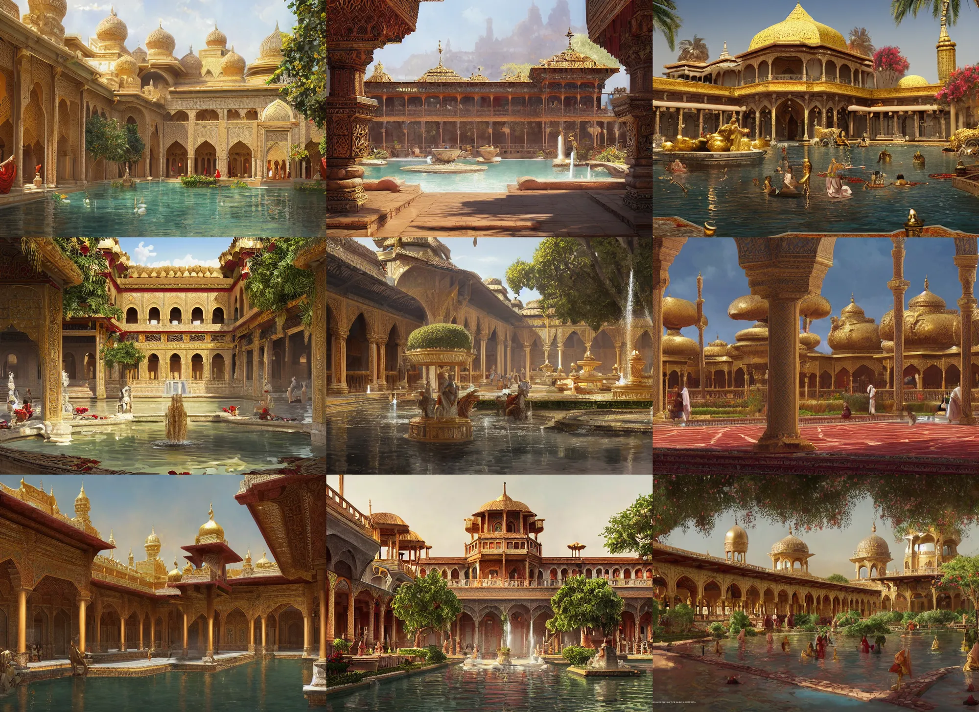 Prompt: Palace bathhouse in a Indo-Persian city of unfathomable wealth and luxury. Gold, bronze, white, and red. Fountains, statues, anime, lush trees, flower beds, a fantasy digital painting by Greg Rutkowski and James Gurney, trending on Artstation, highly detailed