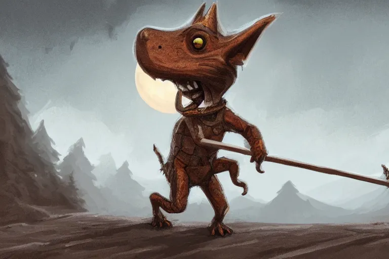 Image similar to a lone d & d kobold, traveling long dirt road, carrying a bindle on a stick, fantasy setting, 4 k, digital art