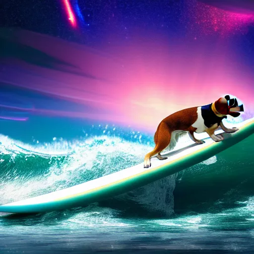 Image similar to photo of a beagle surfing a surfboard on a crashing l wave of alien ocean in space, background is an alien galaxy, aliens in the background, alien colors, octane render, unreal engine, wide view, 8 k, high detaild