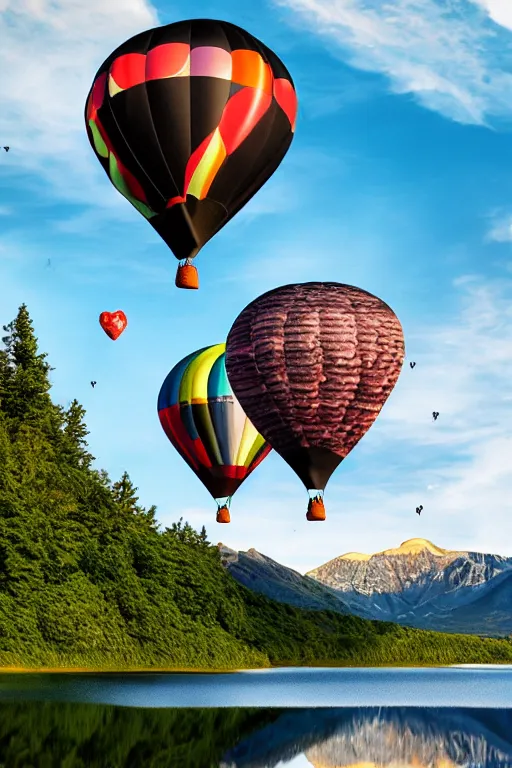 Image similar to Photorealistic photo of two hot air balloons shaped as black swans flying above a reflective mountain lake, touching heads, forming a heart with their necks, beautiful, 8k highly professionally detailed, HDR, CGsociety