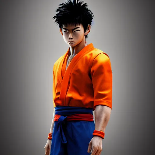 Prompt: photorealistic human goku, goku as an asian man, goku in real life, spiky hair, orange gi, human goku, photography, cinematic