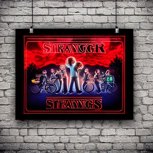 Image similar to stranger things poster hanging on a dark neon light brick wall