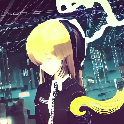 Image similar to Frequency indie album cover, luxury advertisement, yellow filter. Clean and detailed post-cyberpunk sci-fi close-up schoolgirl in asian city in style of cytus and deemo, blue flame, relaxing, calm and mysterious vibes, by Tsutomu Nihei, by Yoshitoshi ABe, by Ilya Kuvshinov, by Greg Tocchini, nier:automata, set in half-life 2, Matrix, GITS, Blade Runner, Neotokyo Source, Syndicate(2012), dynamic composition, beautiful with eerie vibes, very inspirational, very stylish, with gradients, surrealistic, dystopia, postapocalyptic vibes, depth of field, mist, rich cinematic atmosphere, perfect digital art, mystical journey in strange world, beautiful dramatic dark moody tones and studio lighting, shadows, bastion game, arthouse