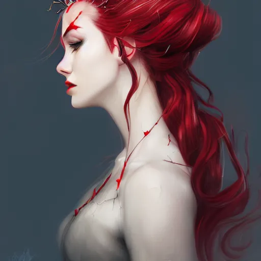 Image similar to side portrait of beautiful vampire, rose thorn crown, thorns everywhere, headshot, pale skin, 4k, bright red hair rule of thirds, extreme detail, detailed drawing, trending artstation, hd, fantasy, D&D, realistic lighting, by Artgerm, Thomas Kindkade, sharp focus, backlit, elegant