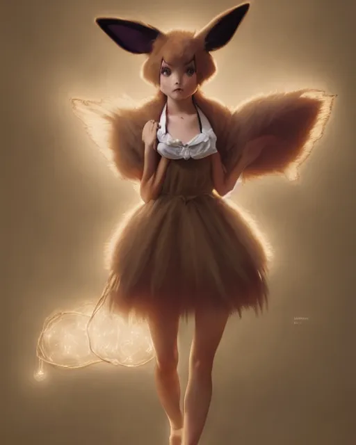 Prompt: photo of eevee pokemon humanisation, in lace brown dress, film still, dslr, by greg rutkowski, gil elvgren, ross tran, artgerm, wlop, glossy skin, pearlescent, very coherent