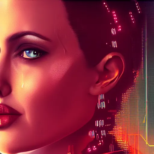 Prompt: angelina jolie portrait, Cyberpunk 2077, cyberpsycho, photorealistic, ultra detailed, neon, octane, bokeh, cyber, cyberpunk city, feature, scars, cyberface, 8k