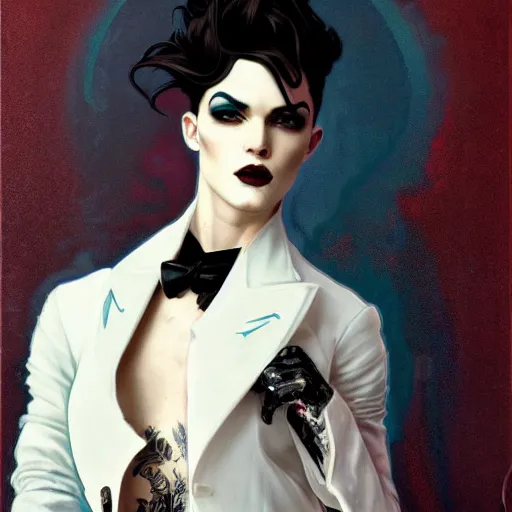 Image similar to beautiful portrait of androgynous ruby rose as desire from sandman in a white tuxedo!!!, rockabilly style, by alphonse mucha, cedric peyravernay, by jeremy mann, by frank moth, white suit and black tie, soft lightning, high detailed, 8 k