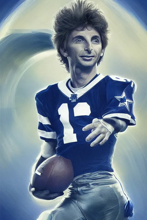 Prompt: Barry Manilow playing Football as the quarterback of the Dallas Cowboys, intricate, elegant, highly detailed, digital painting, artstation, concept art, smooth, sharp focus, illustration, art by artgerm and greg rutkowski and alphonse mucha