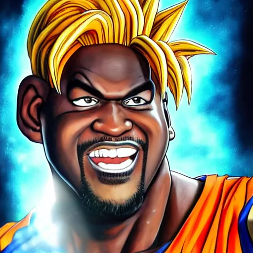 Image similar to ultra realistic portrait painting of shaquille o'neal as goku, art by akira toriyama, 4 k, dragon ball artstyle, cel shaded, highly detailed, epic lighting