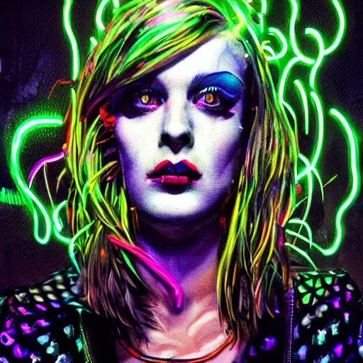 Image similar to splashes of neon, punk portrait made out of paint, trending on artstation, epic composition, emotional, beautiful, rendered in octane, highly detailed, realistic, tim burton comic book art, sharp focus